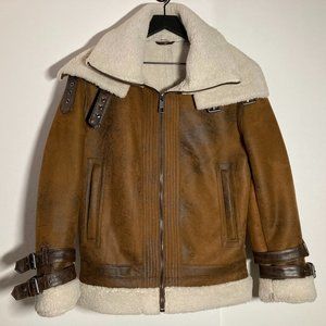 Zara Brown & Cream Aviator Jacket Faux- Leather